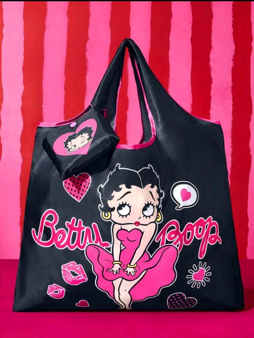 Betty Boop Black and Pink Heart Graphic Foldable Tote